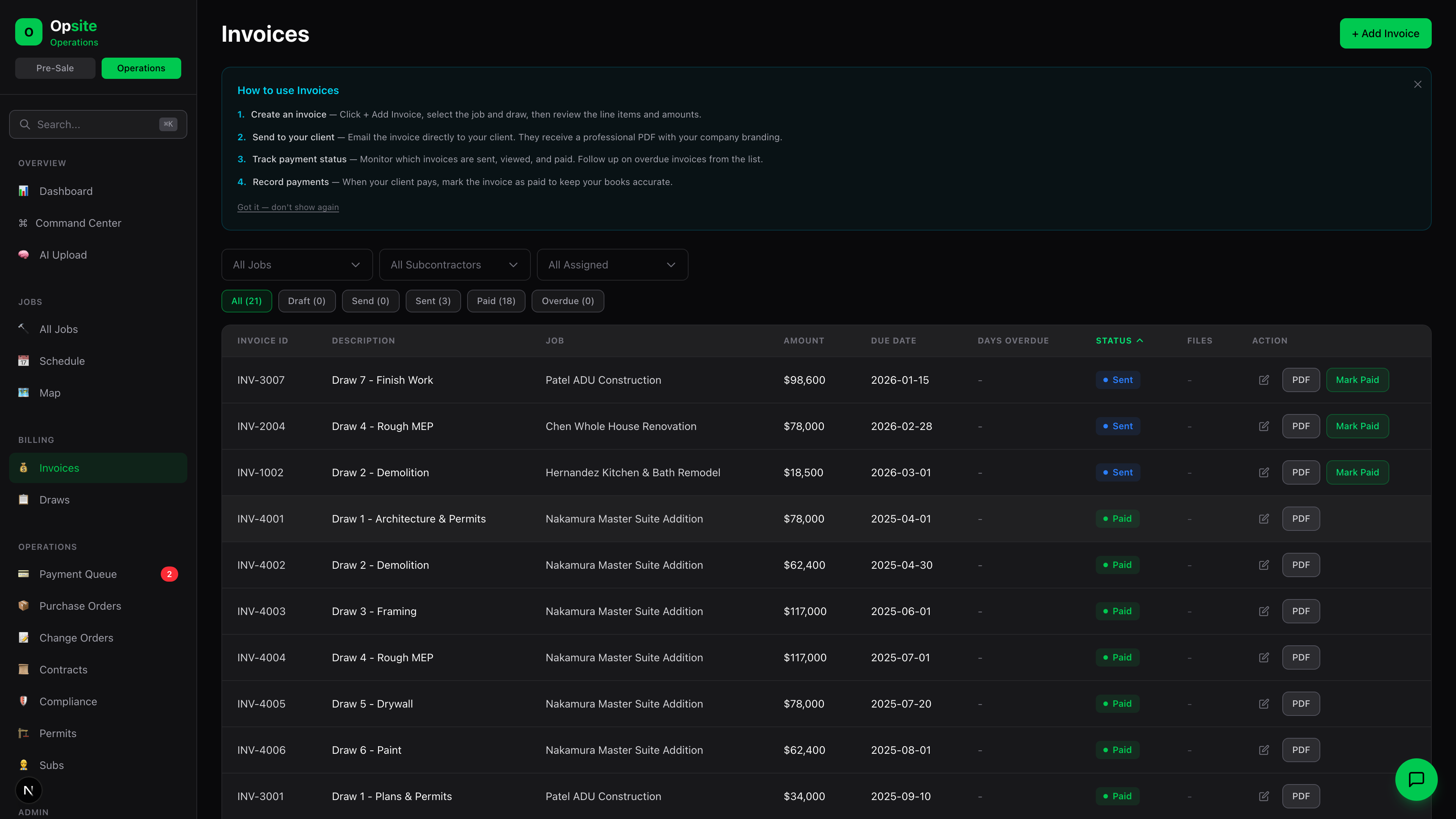 Opsite invoicing and draws