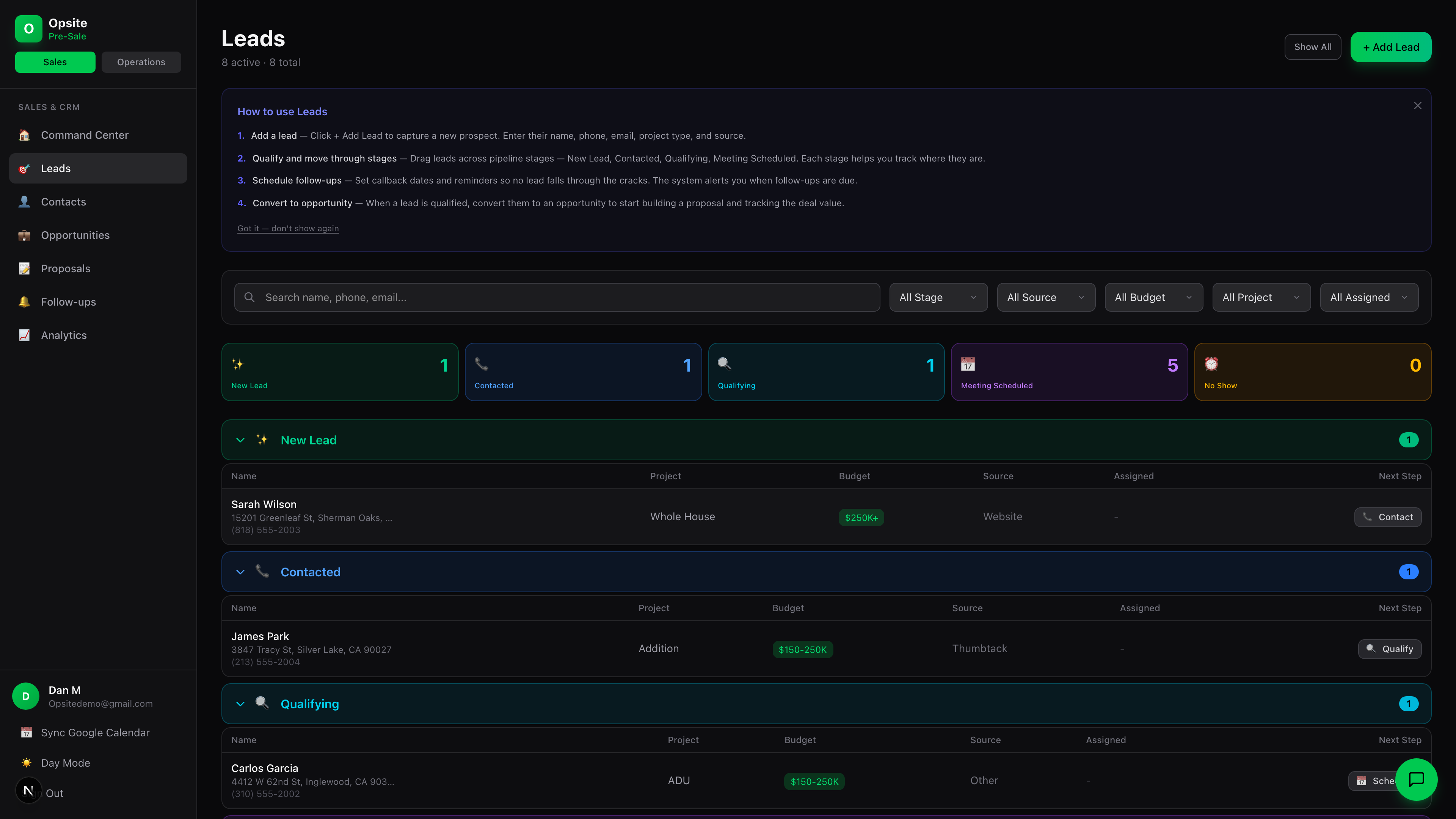 Opsite CRM lead pipeline