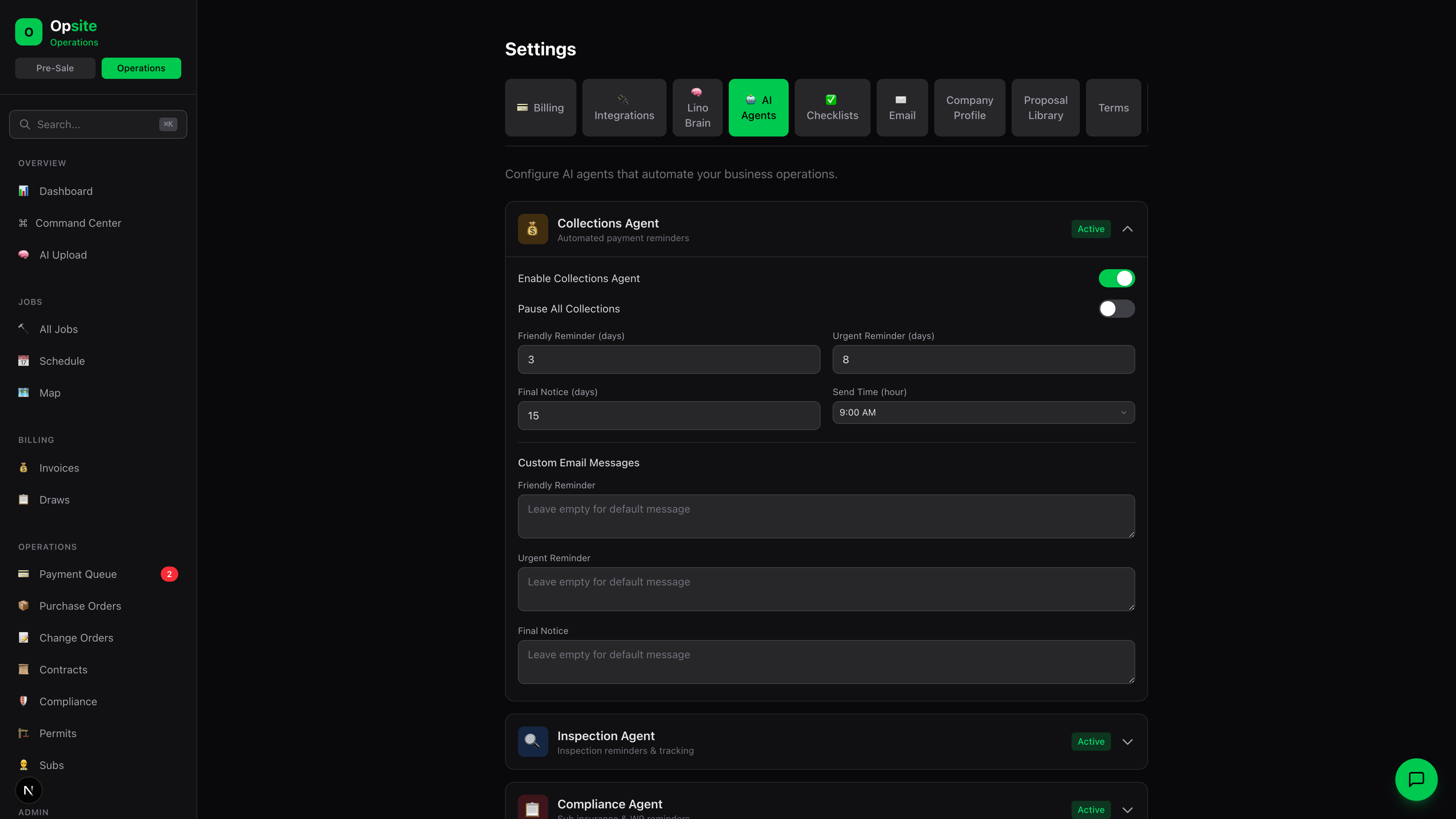 Opsite Collections Agent settings showing enable and pause controls, reminder intervals, send time, and custom email messages